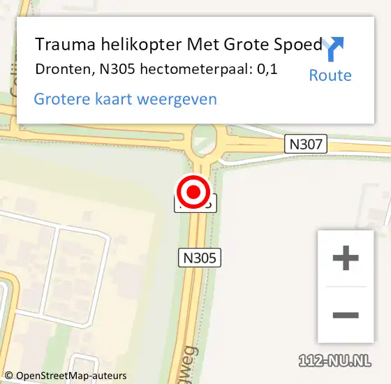 Locatie op kaart van de 112 melding: Trauma helikopter Met Grote Spoed Naar Dronten, N305 hectometerpaal: 0,1 op 27 juli 2021 13:25