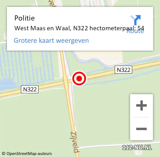 Locatie op kaart van de 112 melding: Politie West Maas en Waal, N322 hectometerpaal: 54 op 27 juli 2021 13:31