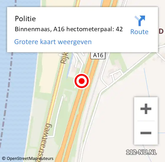 Locatie op kaart van de 112 melding: Politie Binnenmaas, A16 hectometerpaal: 42 op 27 juli 2021 13:36