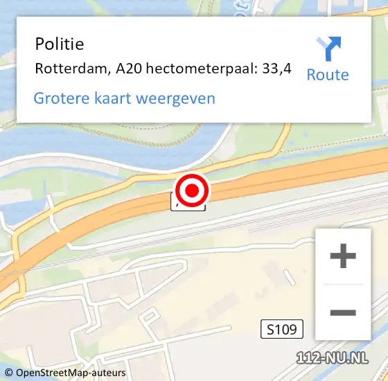 Locatie op kaart van de 112 melding: Politie Rotterdam, A20 hectometerpaal: 33,4 op 27 juli 2021 13:37