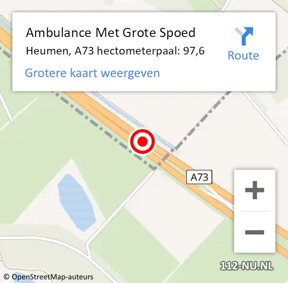 Locatie op kaart van de 112 melding: Ambulance Met Grote Spoed Naar Heumen, A73 hectometerpaal: 97,6 op 27 juli 2021 16:53