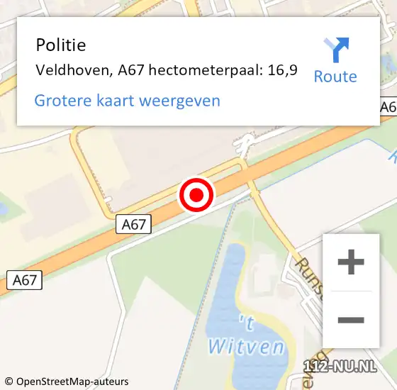 Locatie op kaart van de 112 melding: Politie Veldhoven, A67 hectometerpaal: 16,9 op 27 juli 2021 17:23