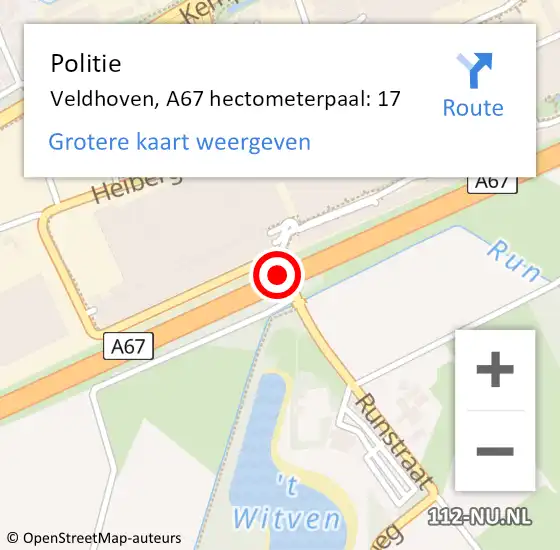 Locatie op kaart van de 112 melding: Politie Veldhoven, A67 hectometerpaal: 17 op 27 juli 2021 17:23