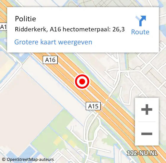 Locatie op kaart van de 112 melding: Politie Ridderkerk, A16 hectometerpaal: 26,3 op 27 juli 2021 18:40