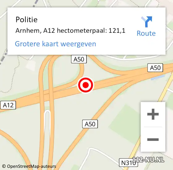 Locatie op kaart van de 112 melding: Politie Arnhem, A12 hectometerpaal: 121,1 op 27 juli 2021 18:57