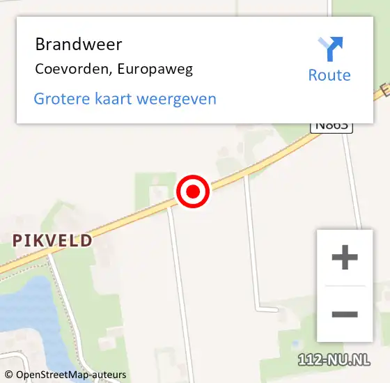 Locatie op kaart van de 112 melding: Brandweer Coevorden, Europaweg op 27 juli 2021 19:21