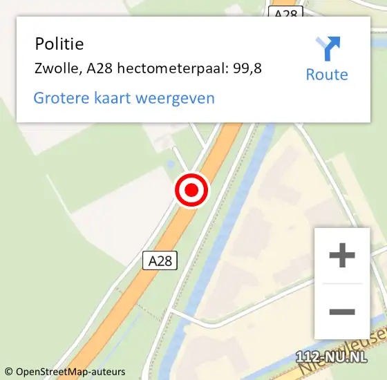 Locatie op kaart van de 112 melding: Politie Zwolle, A28 hectometerpaal: 99,8 op 27 juli 2021 20:30