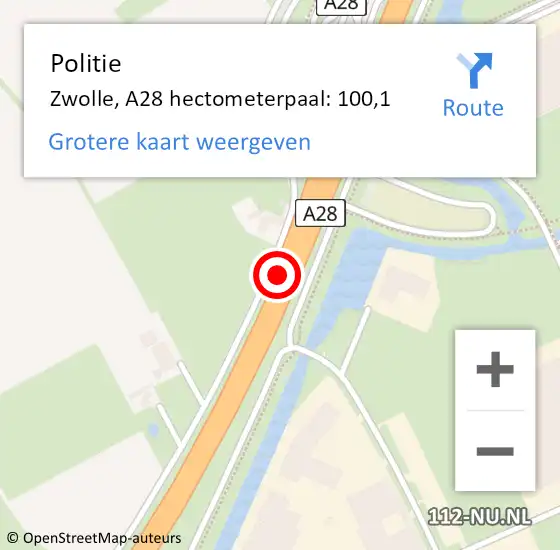 Locatie op kaart van de 112 melding: Politie Zwolle, A28 hectometerpaal: 100,1 op 27 juli 2021 20:31