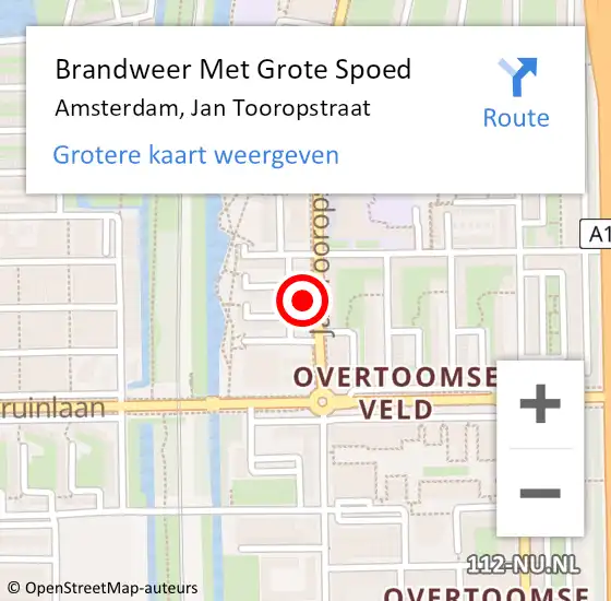 Locatie op kaart van de 112 melding: Brandweer Met Grote Spoed Naar Amsterdam, Jan Tooropstraat op 27 juli 2021 21:03