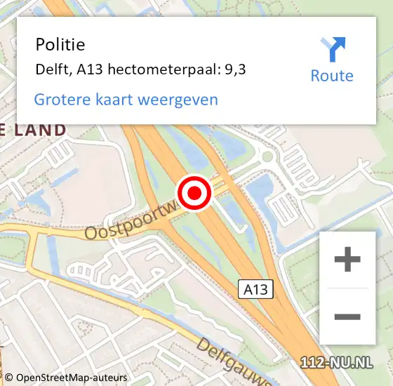 Locatie op kaart van de 112 melding: Politie Delft, A13 hectometerpaal: 9,3 op 27 juli 2021 23:36