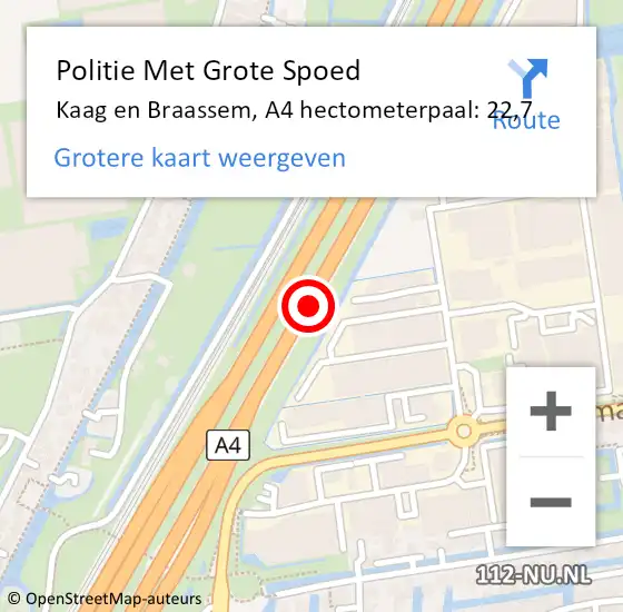 Locatie op kaart van de 112 melding: Politie Met Grote Spoed Naar Kaag en Braassem, A4 hectometerpaal: 22,7 op 28 juli 2021 07:30