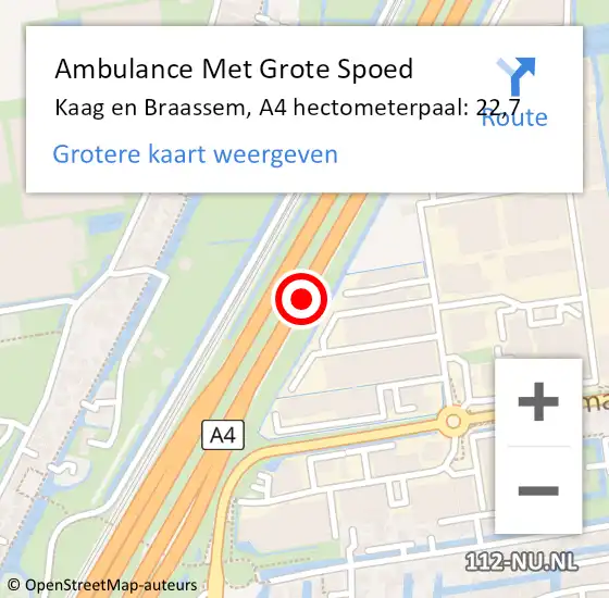 Locatie op kaart van de 112 melding: Ambulance Met Grote Spoed Naar Kaag en Braassem, A4 hectometerpaal: 22,7 op 28 juli 2021 07:32