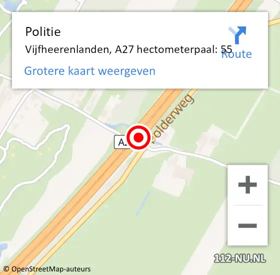 Locatie op kaart van de 112 melding: Politie Zederik, A27 hectometerpaal: 55 op 28 juli 2021 10:54