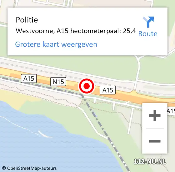 Locatie op kaart van de 112 melding: Politie Westvoorne, A15 hectometerpaal: 25,4 op 28 juli 2021 12:12