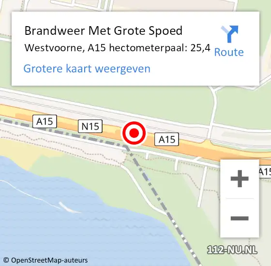 Locatie op kaart van de 112 melding: Brandweer Met Grote Spoed Naar Westvoorne, A15 hectometerpaal: 25,4 op 28 juli 2021 12:21