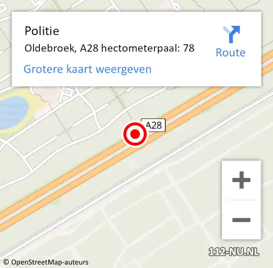 Locatie op kaart van de 112 melding: Politie Oldebroek, A28 hectometerpaal: 78 op 28 juli 2021 12:22