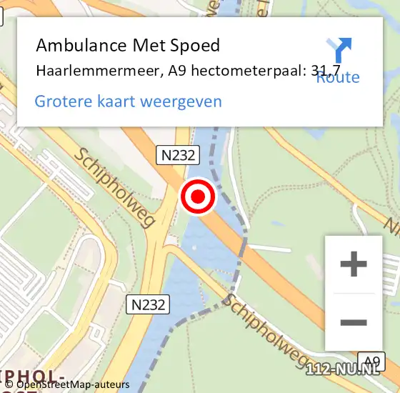 Locatie op kaart van de 112 melding: Ambulance Met Spoed Naar Haarlemmermeer, A9 hectometerpaal: 31,7 op 28 juli 2021 15:30