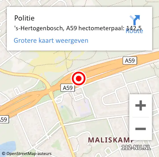 Locatie op kaart van de 112 melding: Politie 's-Hertogenbosch, A59 hectometerpaal: 142,5 op 28 juli 2021 17:38