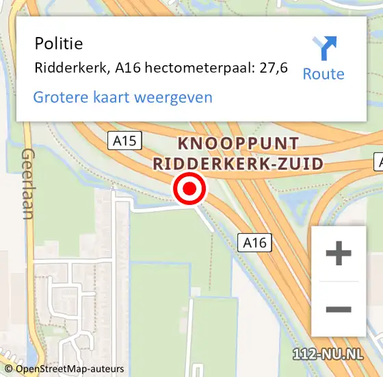 Locatie op kaart van de 112 melding: Politie Ridderkerk, A16 hectometerpaal: 27,6 op 28 juli 2021 17:40