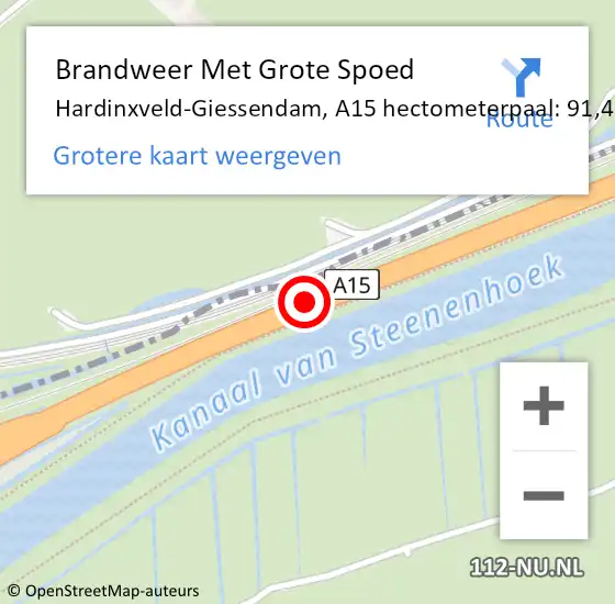 Locatie op kaart van de 112 melding: Brandweer Met Grote Spoed Naar Hardinxveld-Giessendam, A15 hectometerpaal: 91,4 op 28 juli 2021 18:06