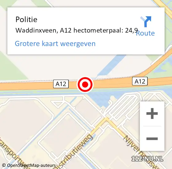 Locatie op kaart van de 112 melding: Politie Waddinxveen, A12 hectometerpaal: 24,9 op 28 juli 2021 20:02