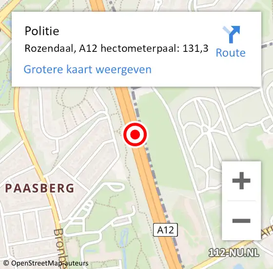 Locatie op kaart van de 112 melding: Politie Rozendaal, A12 hectometerpaal: 131,3 op 28 juli 2021 20:50