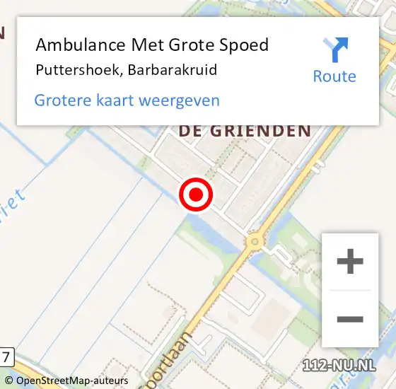 Locatie op kaart van de 112 melding: Ambulance Met Grote Spoed Naar Puttershoek, Barbarakruid op 28 juli 2021 22:03