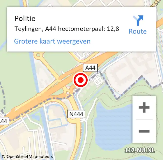 Locatie op kaart van de 112 melding: Politie Teylingen, A44 hectometerpaal: 12,8 op 28 juli 2021 23:44