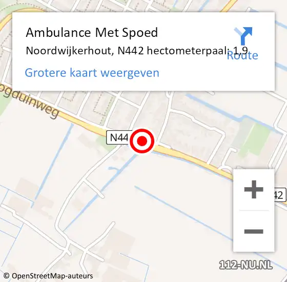 Locatie op kaart van de 112 melding: Ambulance Met Spoed Naar Noordwijkerhout, N442 hectometerpaal: 1,9 op 29 juli 2021 00:34
