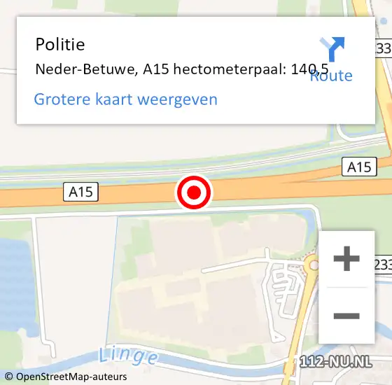 Locatie op kaart van de 112 melding: Politie Neder-Betuwe, A15 hectometerpaal: 140,5 op 29 juli 2021 11:23