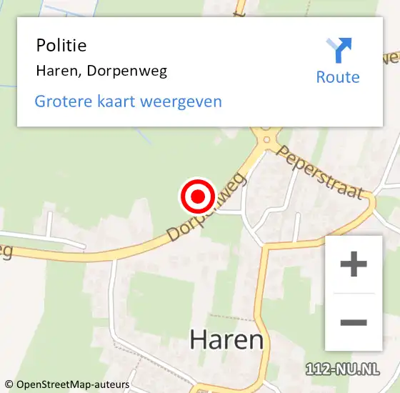 Locatie op kaart van de 112 melding: Politie Haren, Dorpenweg op 29 juli 2021 11:31