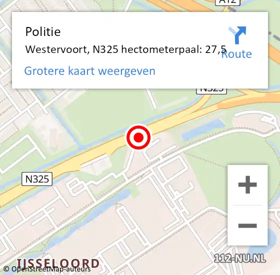 Locatie op kaart van de 112 melding: Politie Westervoort, N325 hectometerpaal: 27,5 op 29 juli 2021 12:44