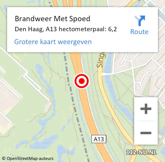 Locatie op kaart van de 112 melding: Brandweer Met Spoed Naar Den Haag, A13 hectometerpaal: 6,2 op 29 juli 2021 14:00