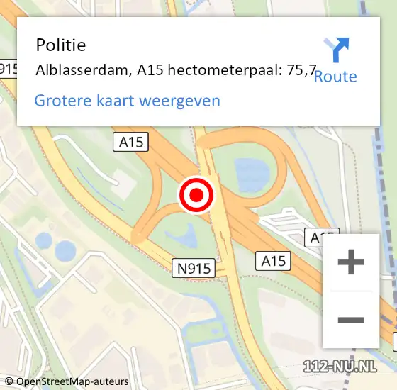 Locatie op kaart van de 112 melding: Politie Alblasserdam, A15 hectometerpaal: 75,7 op 29 juli 2021 14:31