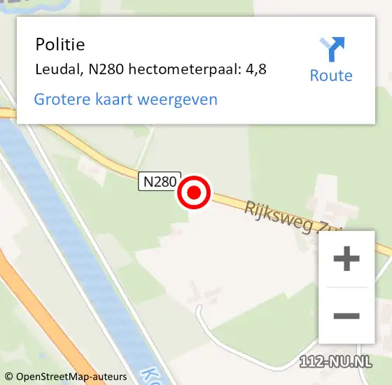 Locatie op kaart van de 112 melding: Politie Leudal, N280 hectometerpaal: 4,8 op 29 juli 2021 14:46