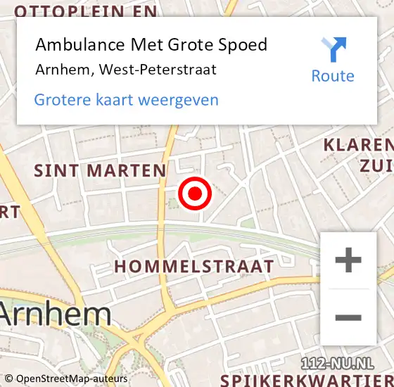 Locatie op kaart van de 112 melding: Ambulance Met Grote Spoed Naar Arnhem, West-Peterstraat op 29 juli 2021 19:37