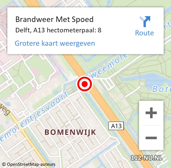 Locatie op kaart van de 112 melding: Brandweer Met Spoed Naar Delft, A13 hectometerpaal: 8 op 29 juli 2021 21:12