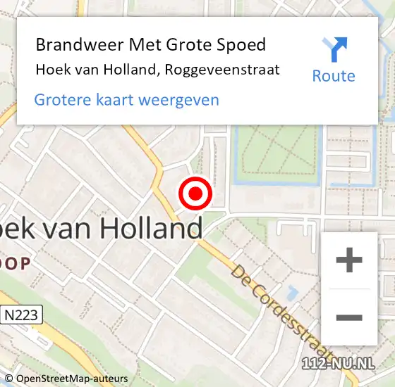 Locatie op kaart van de 112 melding: Brandweer Met Grote Spoed Naar Hoek van Holland, Roggeveenstraat op 29 juli 2021 21:41