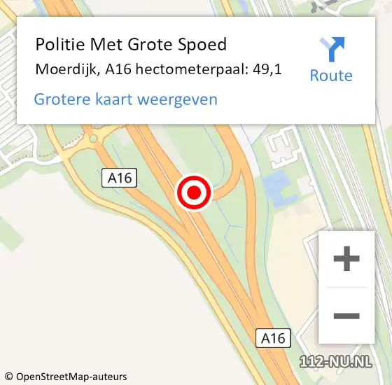 Locatie op kaart van de 112 melding: Politie Met Grote Spoed Naar Moerdijk, A16 hectometerpaal: 49,1 op 29 juli 2021 22:32