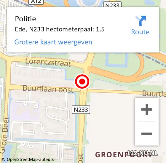 Locatie op kaart van de 112 melding: Politie Ede, N233 hectometerpaal: 1,5 op 30 juli 2021 03:14