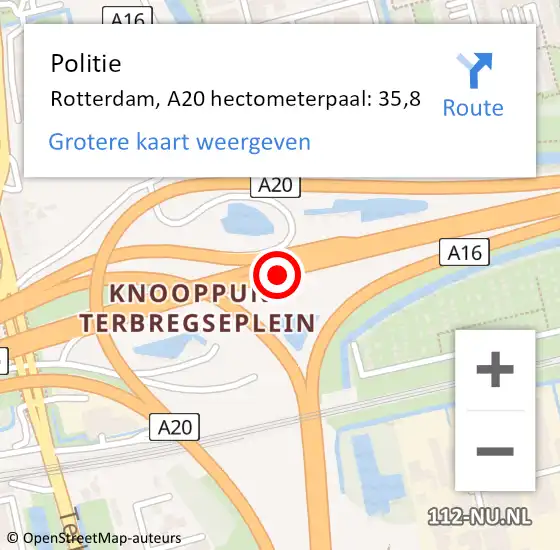 Locatie op kaart van de 112 melding: Politie Rotterdam, A20 hectometerpaal: 35,8 op 30 juli 2021 03:27