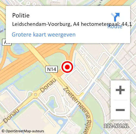 Locatie op kaart van de 112 melding: Politie Leidschendam-Voorburg, A4 hectometerpaal: 44,1 op 30 juli 2021 04:28