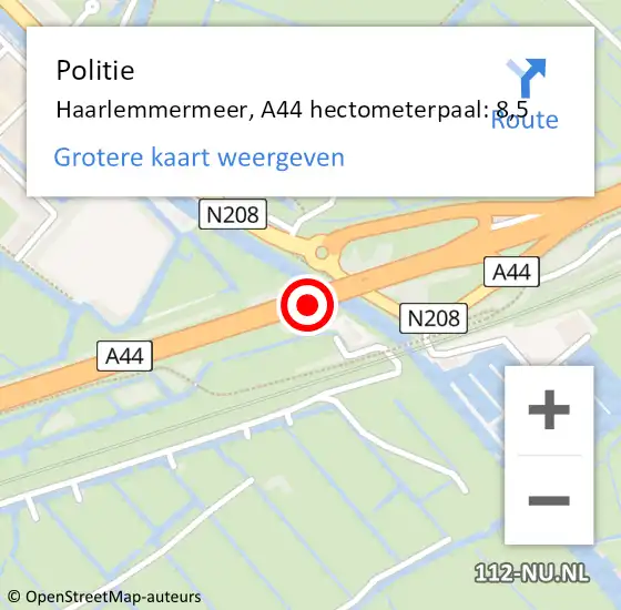 Locatie op kaart van de 112 melding: Politie Haarlemmermeer, A44 hectometerpaal: 8,5 op 30 juli 2021 05:34