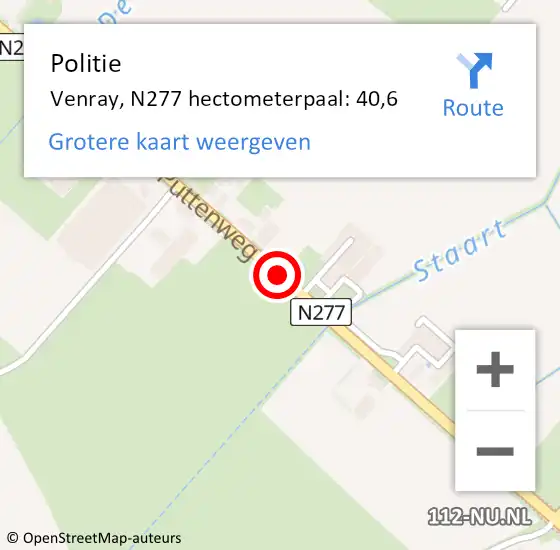 Locatie op kaart van de 112 melding: Politie Venray, N277 hectometerpaal: 40,6 op 30 juli 2021 08:22