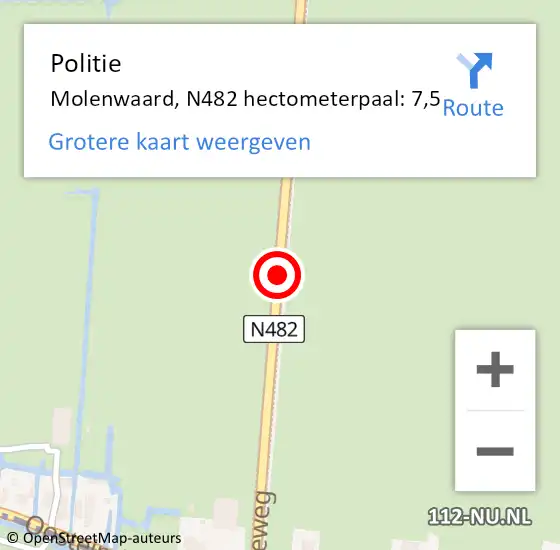 Locatie op kaart van de 112 melding: Politie Molenwaard, N482 hectometerpaal: 7,5 op 30 juli 2021 09:25