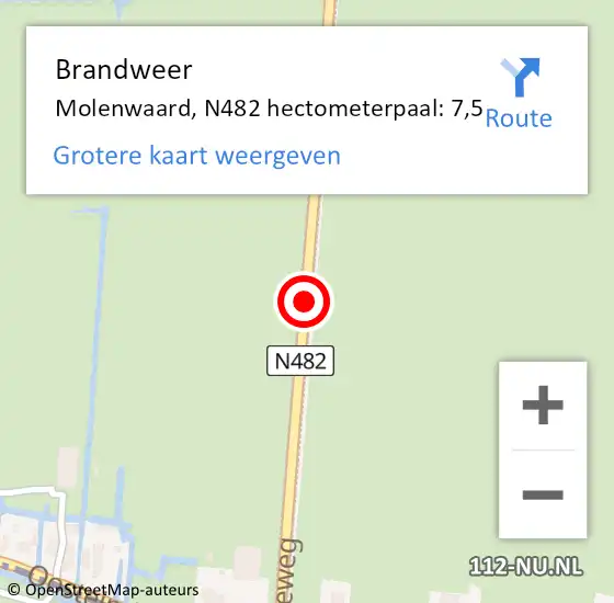 Locatie op kaart van de 112 melding: Brandweer Molenwaard, N482 hectometerpaal: 7,5 op 30 juli 2021 09:41