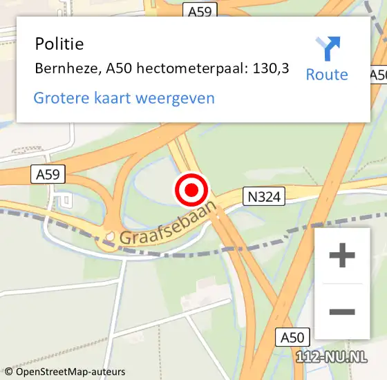 Locatie op kaart van de 112 melding: Politie Bernheze, A50 hectometerpaal: 130,3 op 30 juli 2021 10:01