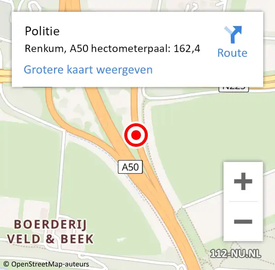 Locatie op kaart van de 112 melding: Politie Renkum, A50 hectometerpaal: 162,4 op 30 juli 2021 10:37