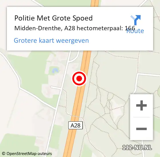 Locatie op kaart van de 112 melding: Politie Met Grote Spoed Naar Midden-Drenthe, A28 hectometerpaal: 166 op 30 juli 2021 11:31