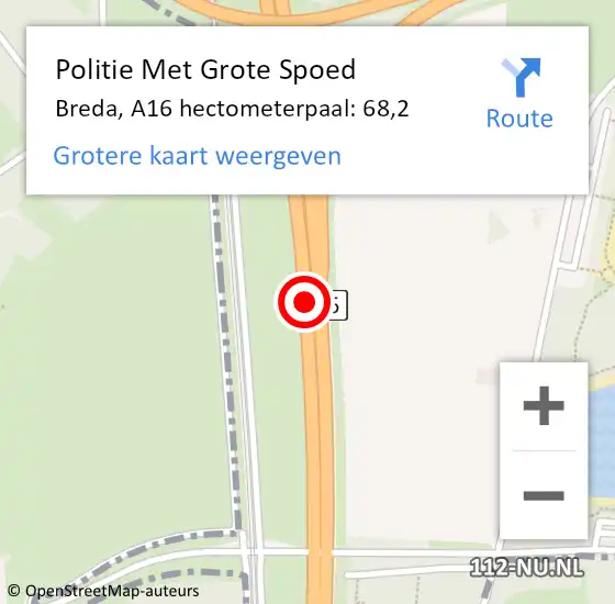 Locatie op kaart van de 112 melding: Politie Met Grote Spoed Naar Breda, A16 hectometerpaal: 68,2 op 30 juli 2021 12:17